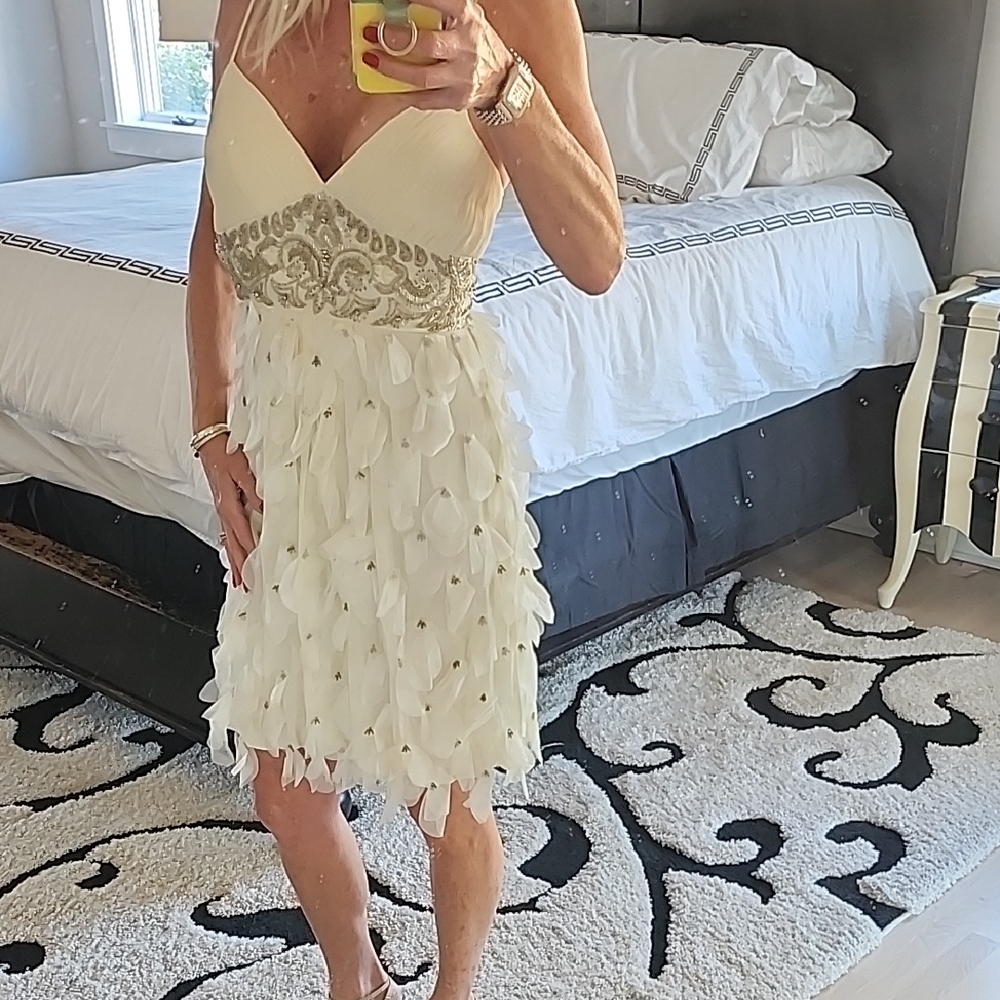 Sue Wong Cream and Gold Embellished Mini Dress
